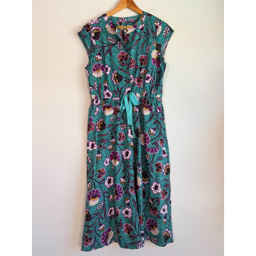Loft Floral Print Button Shirt Dress Sz 8 Midi Elastic Waist Cotton Blend Modest